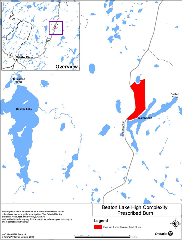 This map shows the area of the Beaton Lake Prescribed Burn located 47 kilometers northeast of the town of White River.