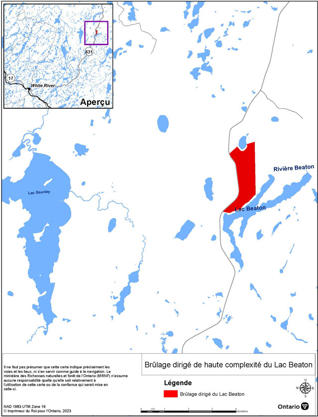 Cette carte illustre la région du brûlage dirigé du Lac Beaton situé à 47 kilomètres au nord-est de la ville de White River.