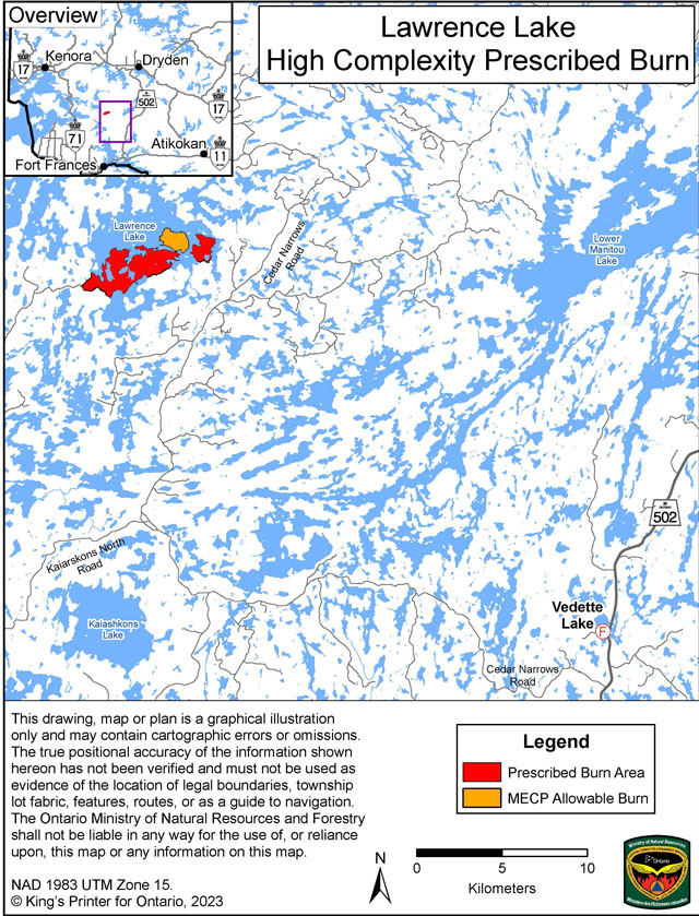 This map depicts the area of the Lawrence Lake Prescribed Burn located 70 kilometers north of the Town of Fort Frances.