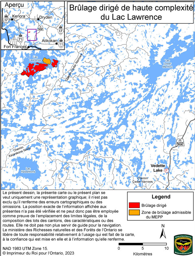 Cette carte illustre la région du brûlage dirigé du Lac Lawrence situé à 70 kilomètres au nord de la ville de Fort Frances, à l’extrémité sud du lac Lawrence. 