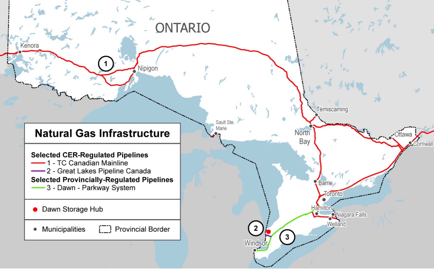 A map showing current Southwestern Ontario Natural Gas Infrastructure