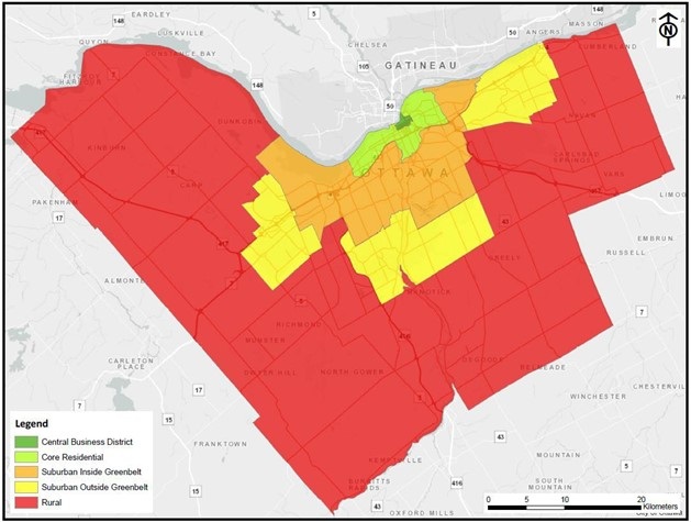Figure Two is a map of the City of Ottawa, colour-coded to show the different geographic areas. The central business district is the smallest part of the map. The next largest area is the core residential area followed by suburban inside Greenbelt and suburban outside the Greenbelt which are roughly the same size. The largest geographic area on the map is the rural areas. 