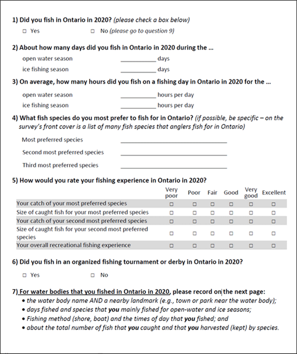 Image of page of recreational fishing survey from 2020.