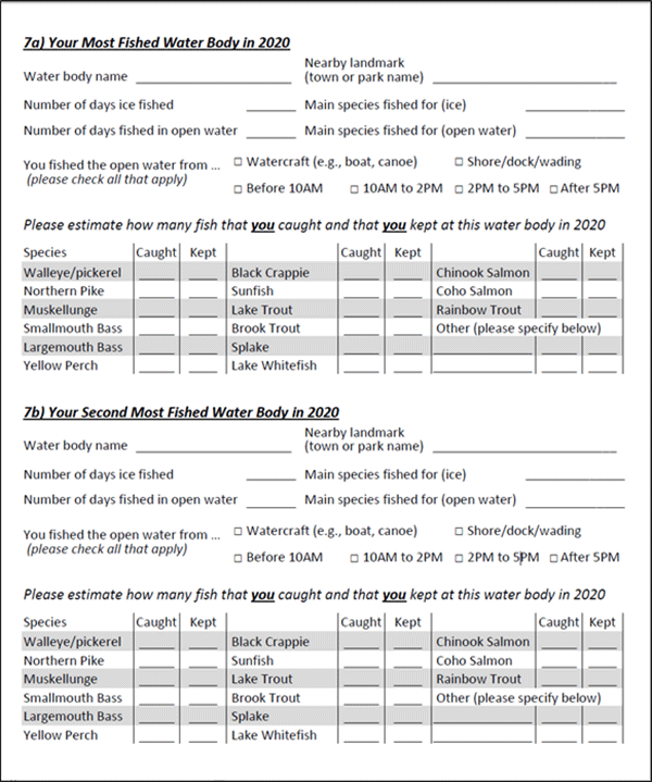 Image of page of recreational fishing survey from 2020.