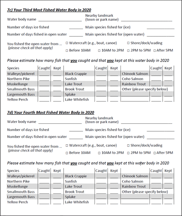 Image of page of recreational fishing survey from 2020.