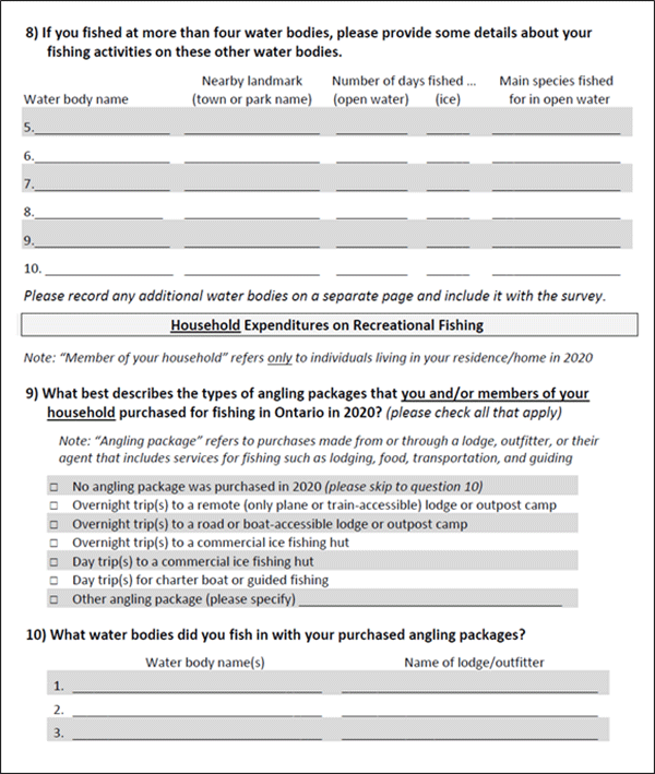 Image of page of recreational fishing survey from 2020.