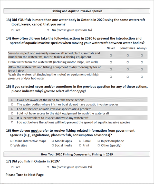 Image of page of recreational fishing survey from 2020.