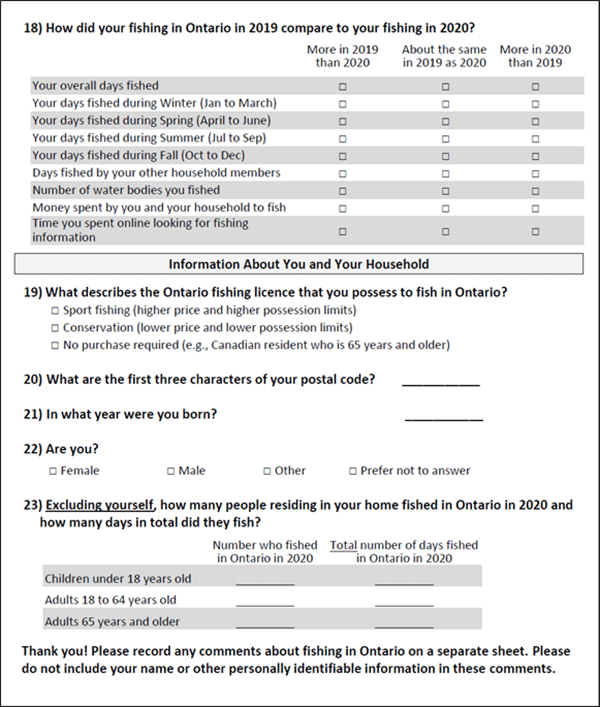 Image of page of recreational fishing survey from 2020.