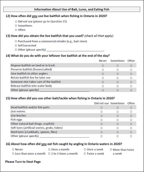 Image of page of recreational fishing survey from 2020.