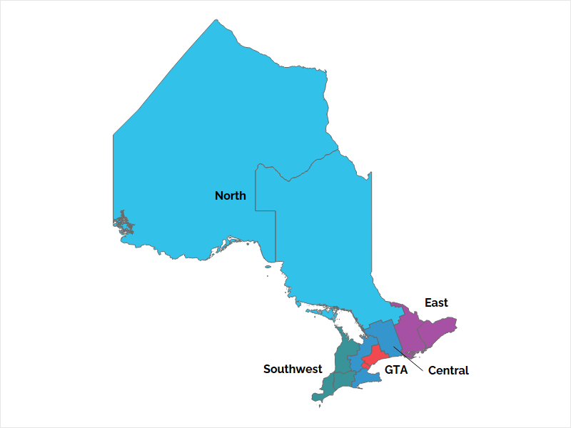  The map shows Ontario’s five regions: Northern Ontario, Eastern Ontario, Southwestern Ontario, Central Ontario and the Greater Toronto Area.