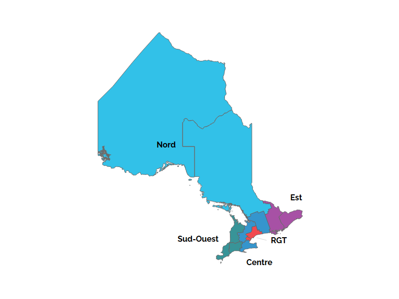 Cette carte montre les cinq régions de l’Ontario : le Nord, l’Est, le Sud-Ouest, le Centre et la région du grand Toronto. 