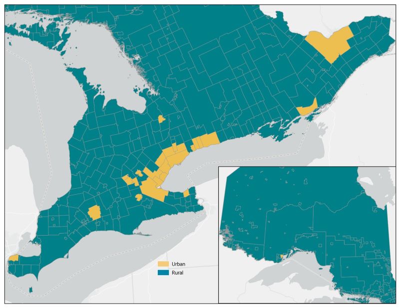 This map of Ontario shows the areas rural and urban Ontario using the definition based on census metropolitan areas (urban areas) and non-census metropolitan (rural areas) using the 2021 geographical boundaries.