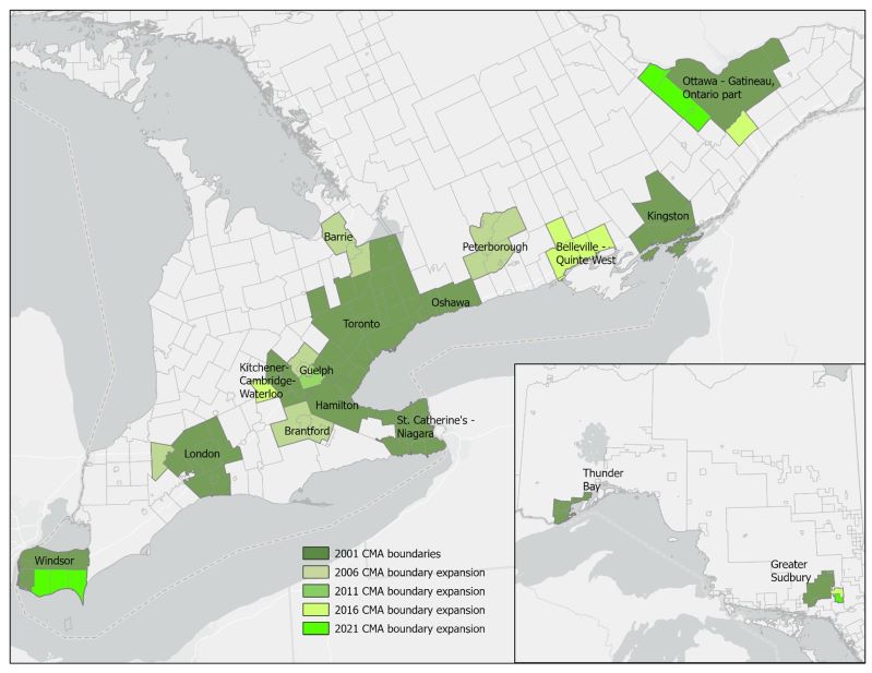 This map of Ontario shows the expansion of CMA boundaries by census years starting with 2001 census boundaries and ending with 2021 census boundaries. In addition to expanding some CMA boundaries by incorporating some rural CSDs to CMAs, some new CMAs have been created.