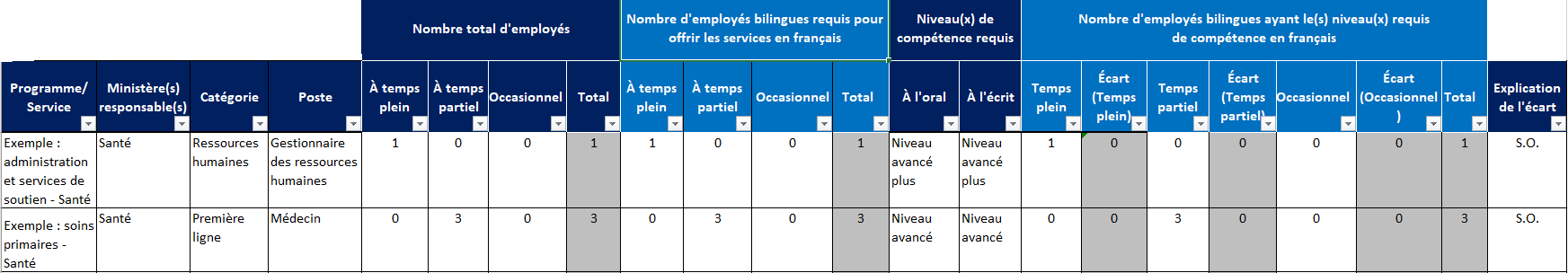 Capture d’écran d’un tableau intitulé Plan des ressources humaines, qui énumère les données suivantes : programme/service; ministère(s) responsable(s); catégorie; poste; nombre total d’employés : à temps plein, à temps partiel et occasionnel; total; nombre d’employés bilingues requis pour offrir les services en français : à temps plein, à temps partiel et occasionnel; total; niveau(x) de compétence requis : à l’oral, à l’écrit; nombre d’employés bilingues ayant le(s) niveau(x) requis de compétence en français : temps plein; écart (temps plein); temps partiel; écart (temps partiel); occasionnel; écart (occasionnel); total; explication de l’écart. Deux postes figurent dans le tableau à titre d’exemple. Le premier est un poste de gestionnaire des ressources humaines, dans un service intitulé « Administration et services de soutien » et une catégorie intitulée « Ressources humaines », et un total de 1 employé à temps plein qui possède le niveau requis de compétence linguistique en français à l’oral et à l’écrit (avancé plus). Le deuxième est un poste de médecin dans un service intitulé « Soins primaires » et d’une catégorie intitulée « Première ligne », et un total de 3 employés à temps partiel, possédant tous les trois le niveau requis de compétence en français (avancé). Aucune explication d’écart n’est nécessaire pour l’un ou l’autre des postes, puisque le nombre requis de postes correspond au nombre total de postes et que les niveaux de compétence requis sont respectés.