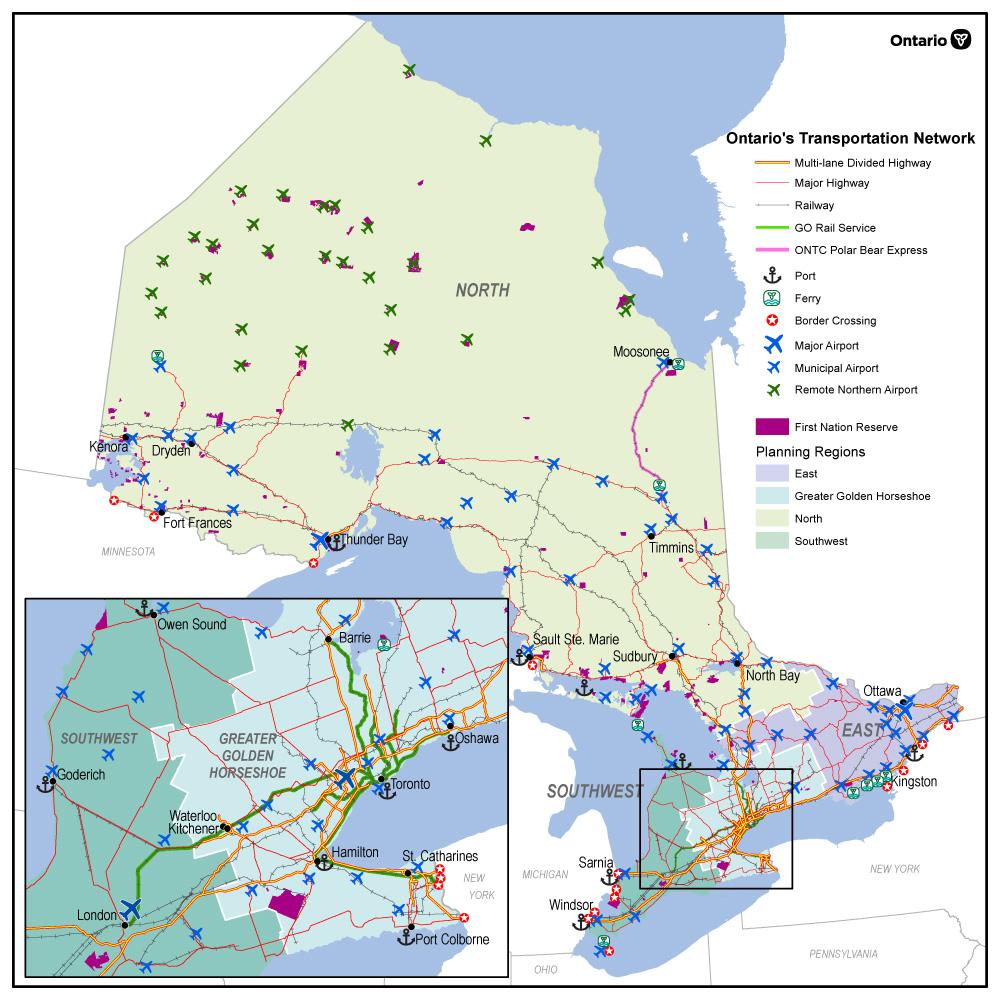Map showing Ontario’s transportation network including highways, railways, ports, ferries, border crossings, and airports, as well as showing regional planning areas and First Nation reserves.