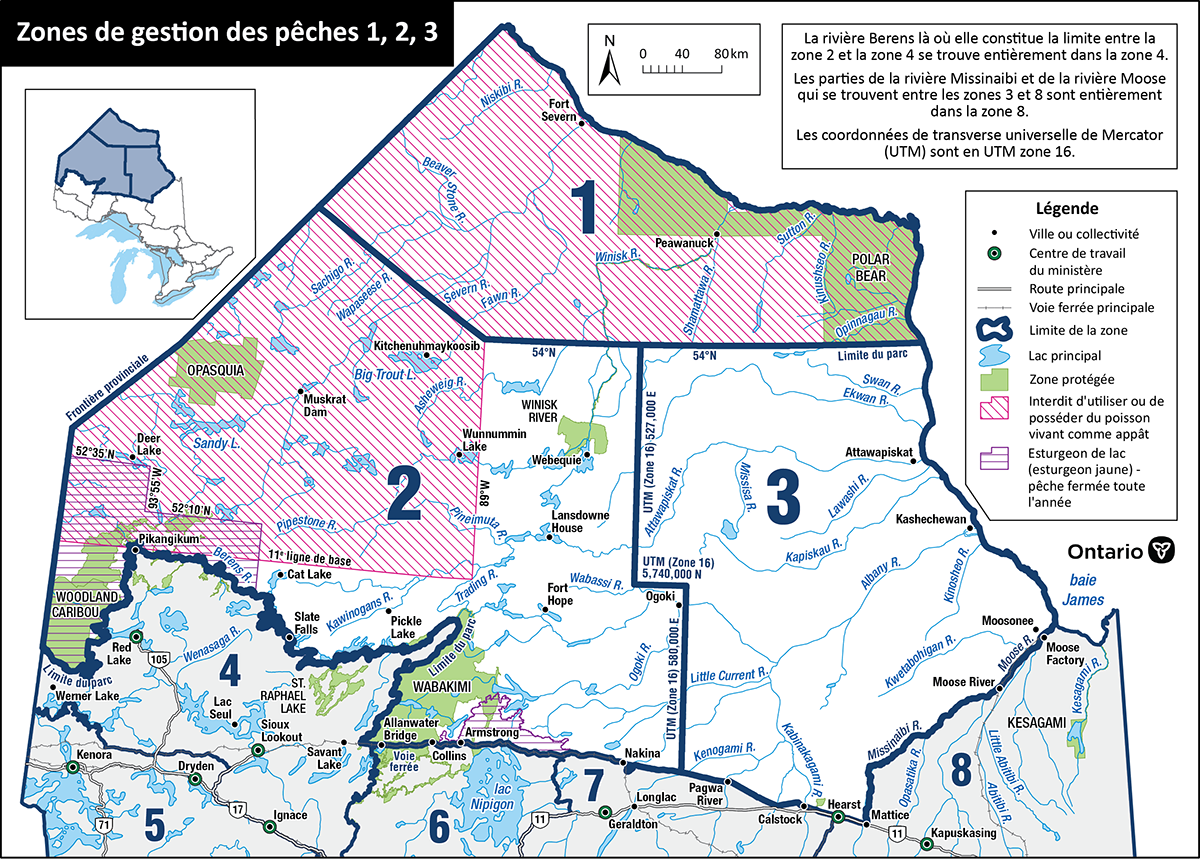 Les zones 1, 2 et 3 comprennent la plus grande partie du Nord de l’Ontario, de la frontière du Manitoba vers l’est jusqu’à la baie James.