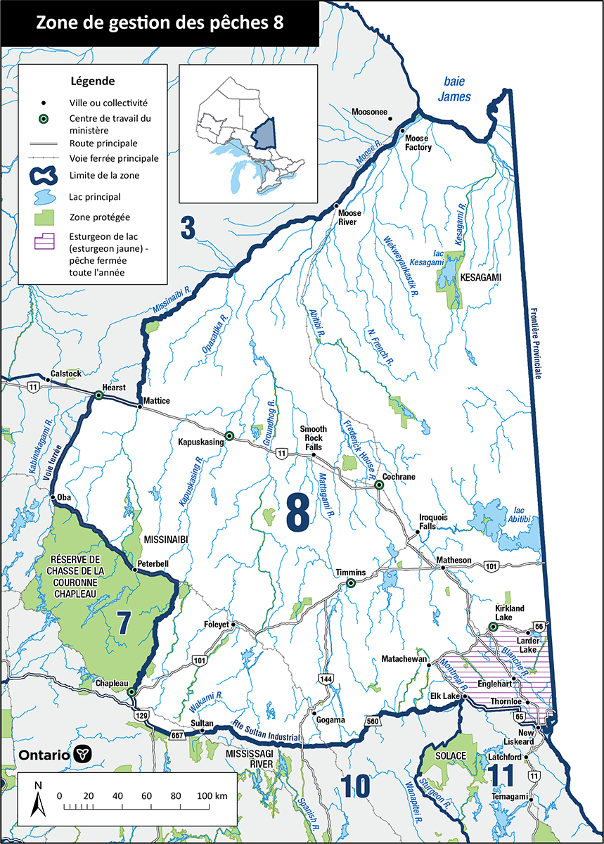 La zone 8 est située dans le Nord-Est de l’Ontario et comprend les villes de Cochrane, Timmins, Kirkland Lake, Kapuskasing et Gogama.