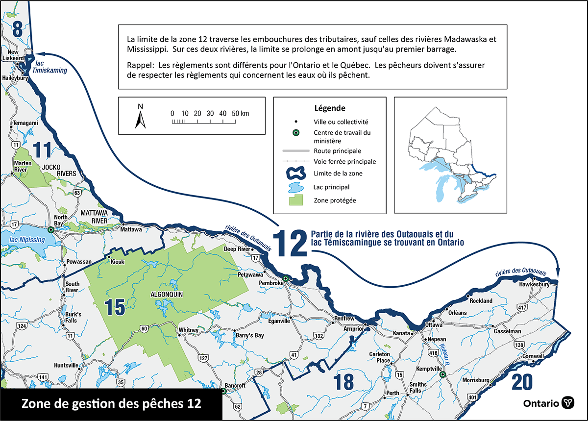 La zone 12 comprend le lac Témiscamingue et la rivière des Outaouais, y compris les rivières Madawaska et Mississippi jusqu’au premier barrage.