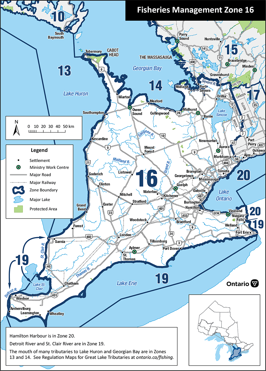 Zone 16 is located in southern Ontario and consists mostly of rivers in urban areas such as Windsor, Niagara and Toronto.