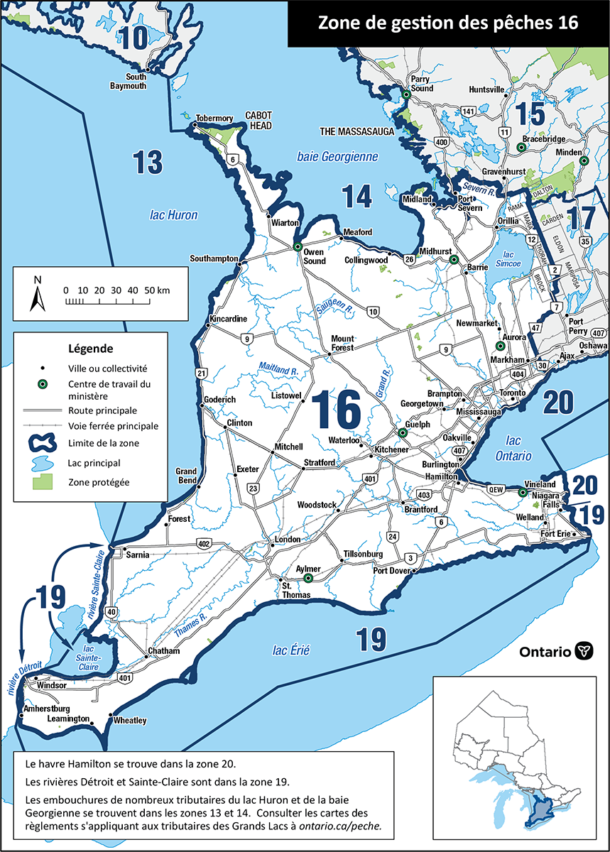La zone 16 est située dans le Sud de l’Ontario et comprend surtout des rivières dans des centres urbains comme Windsor, Niagara et Toronto.
