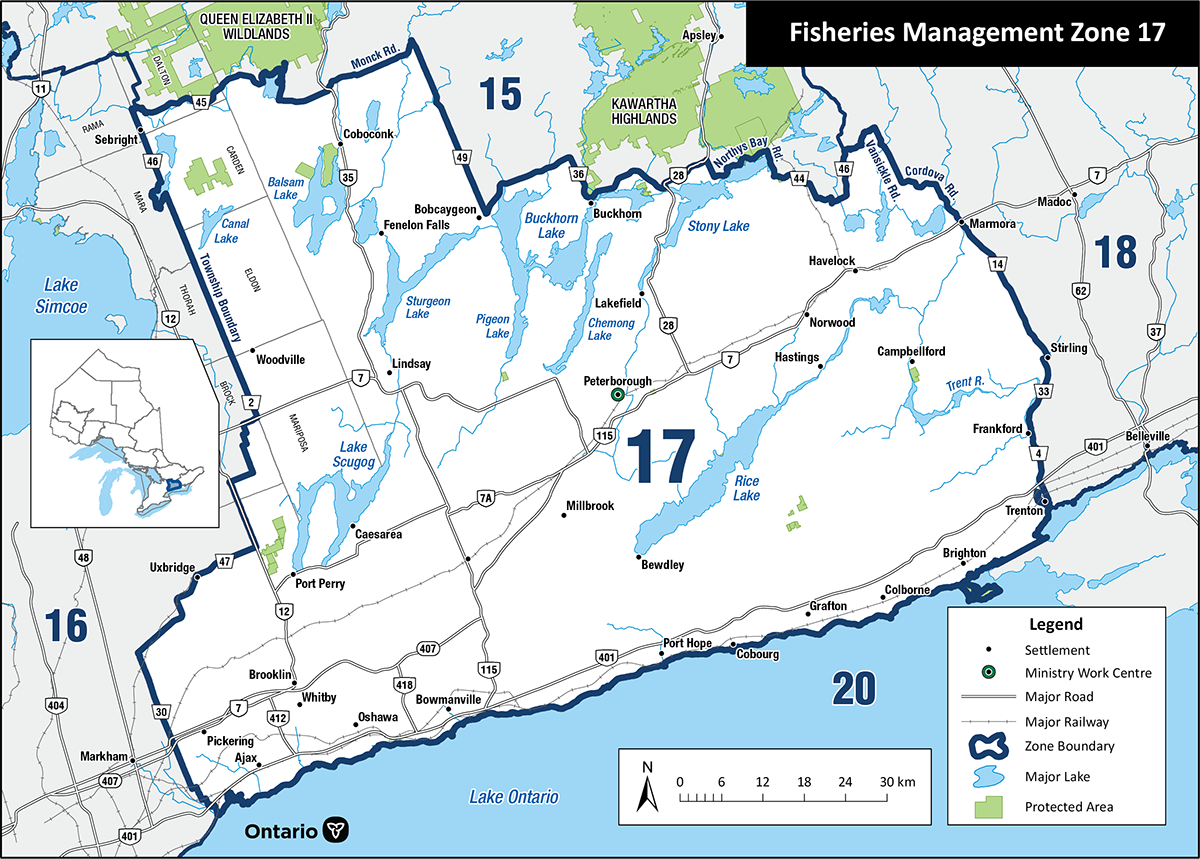 Zone 17 is located in southern Ontario and includes waterbody systems like the Trent-Severn, Kawartha Lakes and Crowe River.