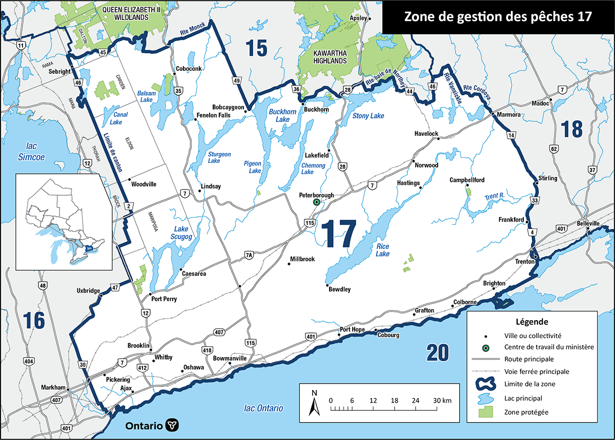 La zone 17 est située dans le Sud de l’Ontario et comprend des réseaux de cours d’eau comme Trent-Severn, les lacs Kawartha et la rivière Crowe.