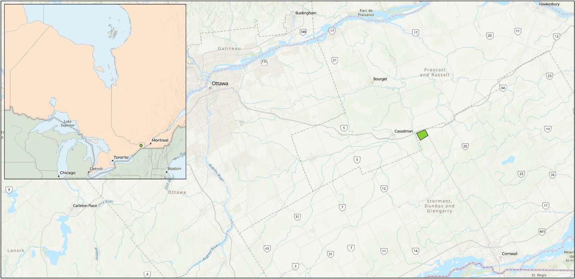 Figure 1. This map displays the study area in relation to the Eastern Ontario Waste Handling Facility