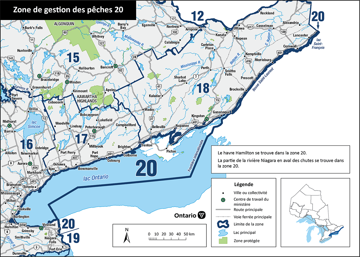 La zone 20 se compose du lac Ontario, y compris la baie de Quinte, la partie supérieure de la rivière Niagara, le port d’Hamilton et le fleuve Saint-Laurent.