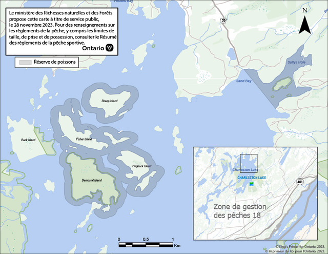 Image cartographique décrivant la zone du lac Charleston où se trouvent les réserves de poissons, y compris les îles Democrat, Hogback, Fisher, Victoria, Tar, Rockhouse, Prospect et Sheep ainsi que la baie de l’anse Sallys