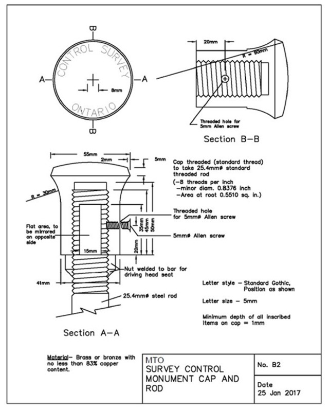 Top-down depiction of a bronze cap and rod survey monument. Please refer to the caption for detailed monument specifications 
