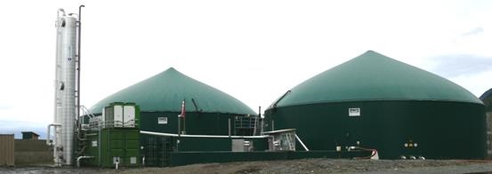 A farm-based biogas system producing renewable natural gas in British Columbia. The system that upgrades the gas to meet natural gas standards is located on the left hand side of picture.