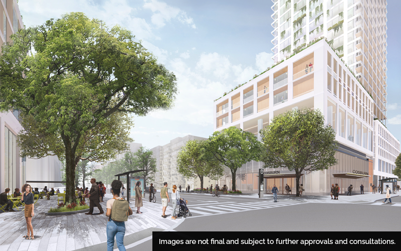 Draft concept of the proposed Cosburn transit-oriented community at the intersection of Pape Avenue and Cosburn Avenue, looking northwest