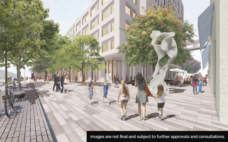 Draft concept of the public space along Lipton Avenue at the proposed Pape transit-oriented community, with a pedestrian connection to Danforth Avenue, looking southeast.