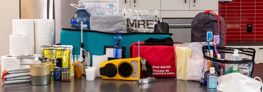 Photo of emergency preparedness kit items displayed on a table