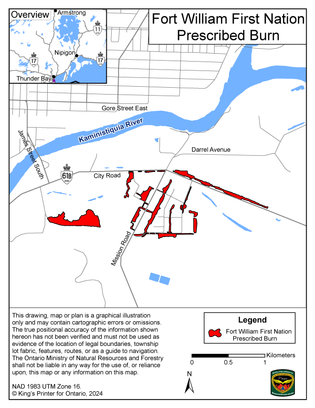 This map shows the area of the Fort William First Nation prescribed burn located within the community of Fort William First Nation.