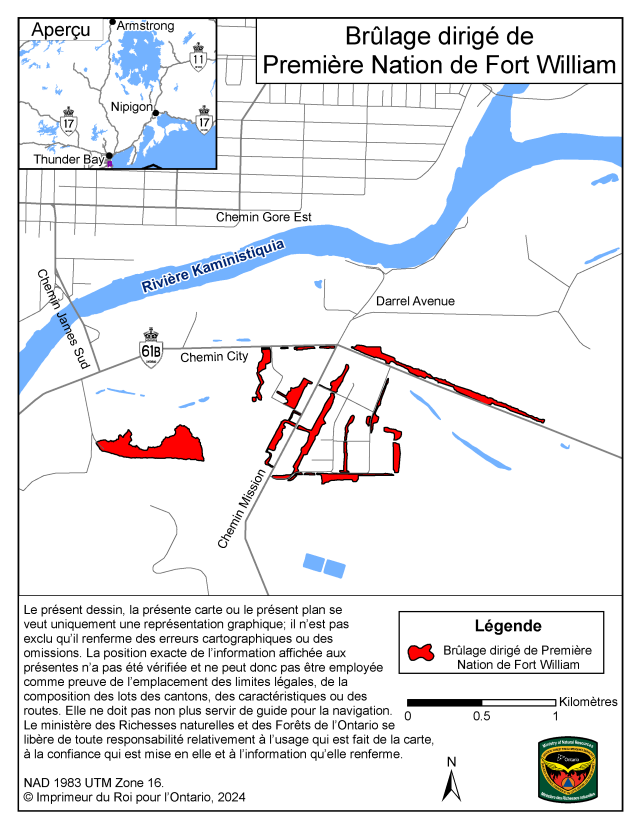 Map showing the prescribed burn area for Fort William First Nation – Thunder Bay District. The area to be burned is shown in red and is located in the area of City and Mission Roads.