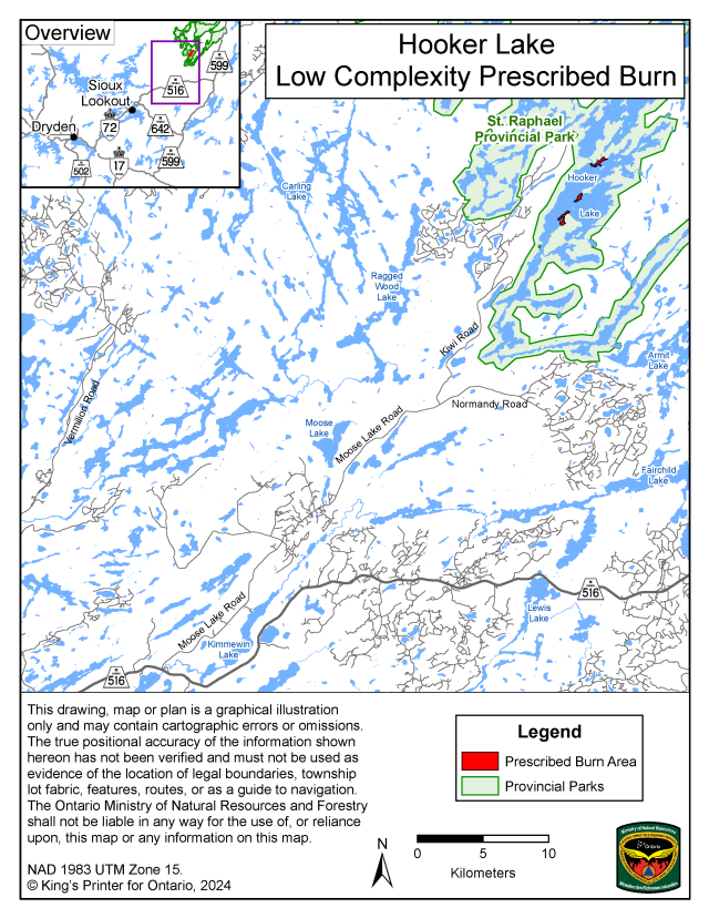 This map shows the area of the Hooker Lake prescribed burn located within St. Raphael Provincial Park, 80 kilometres northeast of the community of Sioux Lookout.