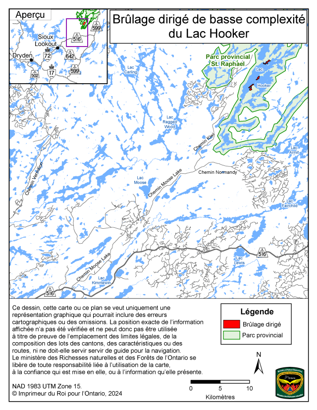 Cette carte illustre la région du brûlage dirigé du Lac Hooker situé à 82 kilomètres au nord-est de Sioux Lookout.