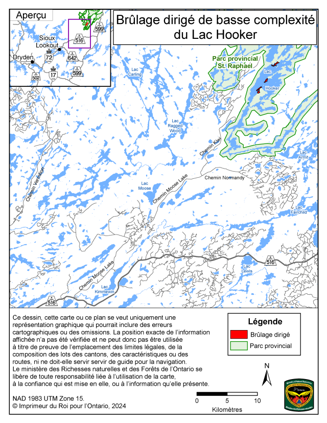 Cette carte illustre la région du brûlage dirigé du lac Hooker qui aura lieu à l’intérieur du Parc provincial St. Raphael, 80 kilomètres au nord-est de la communauté de Sioux Lookout.