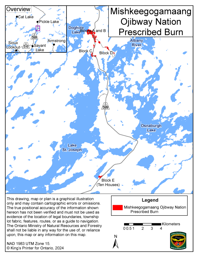 This map shows the area of the Mishkeegogamaang prescribed burn located within the community of Mishkeegogamaang First Nation.