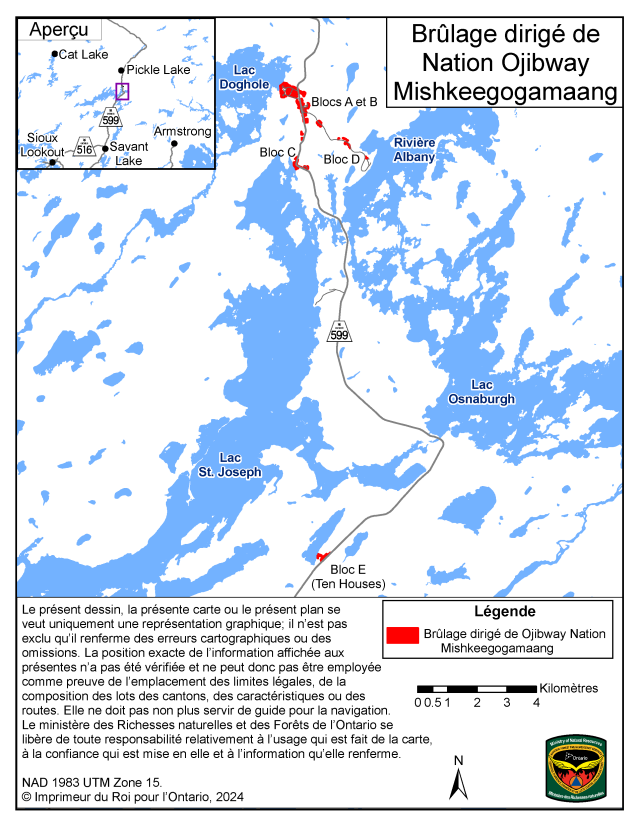 Carte montrant l'aire de brûlage dirigé de la Première Nation indépendante Mishkeegogamaang, district de Sioux Lookout. L'aire de brûlage est en rouge et se répartit en divers endroits près de l'autoroute 599, surtout entre le lac Doghole et la rivière Albany.