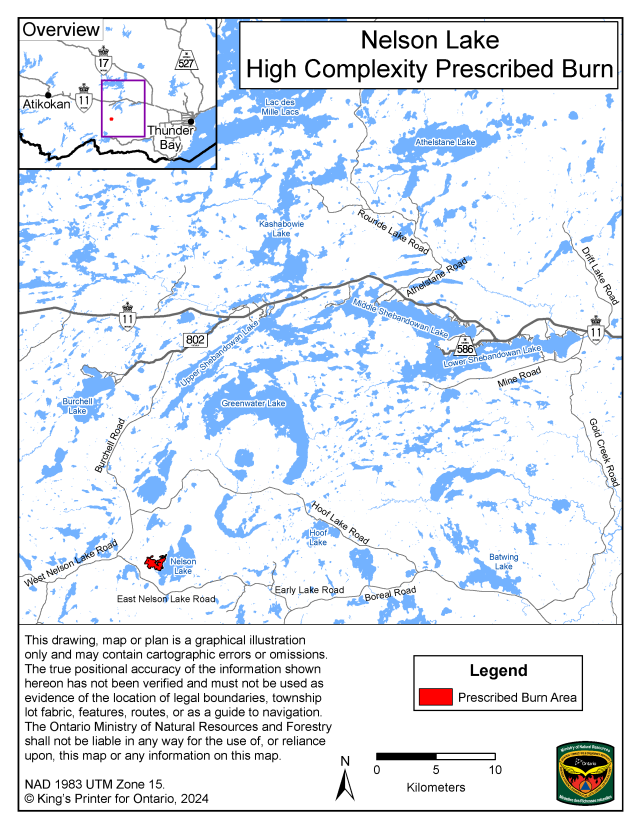 This map shows the area of the Nelson Lake High Complexity prescribed burn located 95 kilometres west of the community of Thunder Bay.