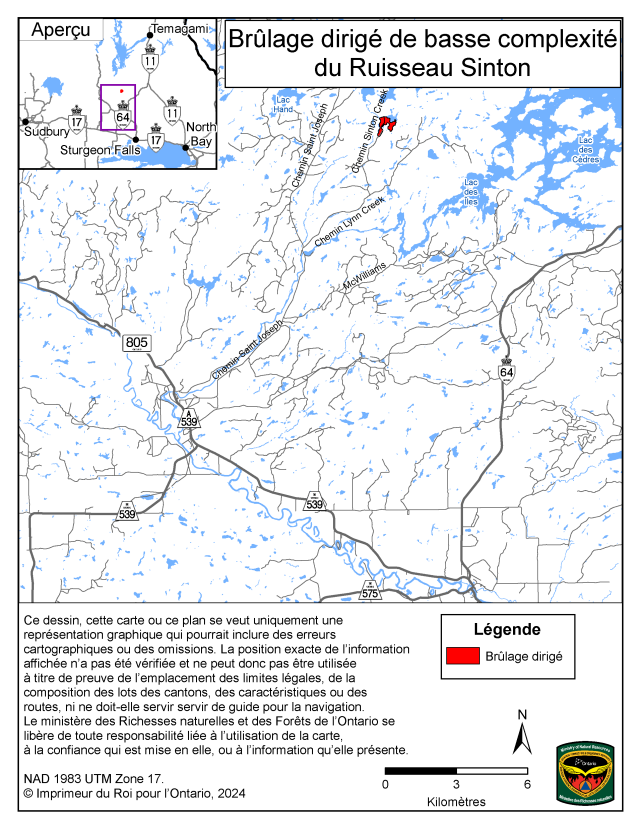 Cette carte illustre la région du brûlage dirigé du Ruisseau Sinton situé à 20 kilomètres au nord-est de Field, sur les deux côtés du chemin du Ruisseau Sinton.