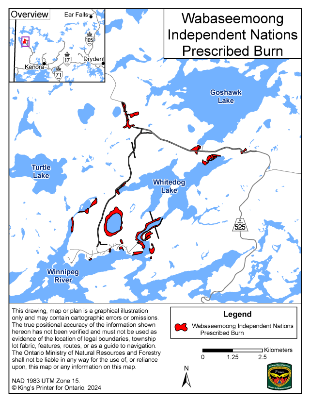 This map shows the area of the Wabaseemoong prescribed burn located within the community of Wabaseemoong First Nation.