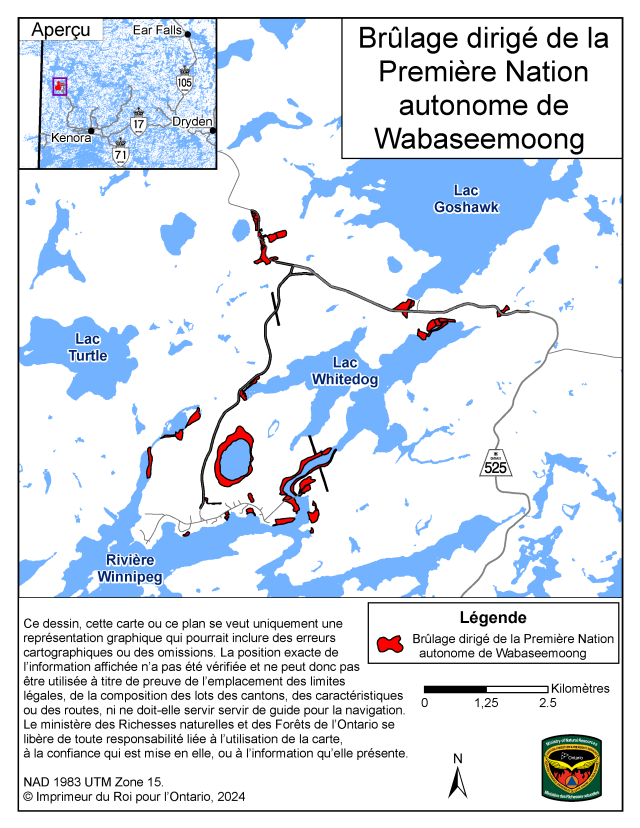 Carte montrant l'aire de brûlage dirigé de la Première Nation indépendante Wabaseemoong, district de Kenora. L'aire de brûlage est en rouge et se répartit en divers endroits près de l'autoroute 525, du lac Whitedog, de la rivière Winnipeg et du lac au nord du bureau de poste de Whitedog.