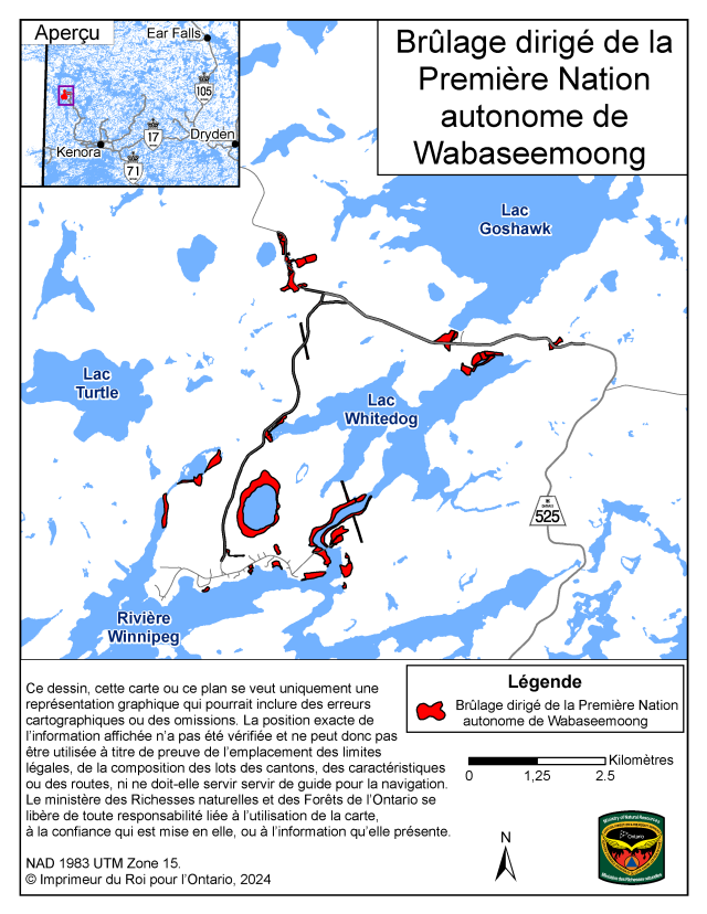 Cette carte illustre la région du brûlage dirigé de Wabaseemoong qui aura lieu dans la communauté de la Première Nation autonome de Wabaseemoong.