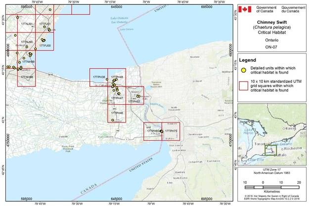 Figure D-2.7: Critical habitat for the Chimney Swift in Ontario