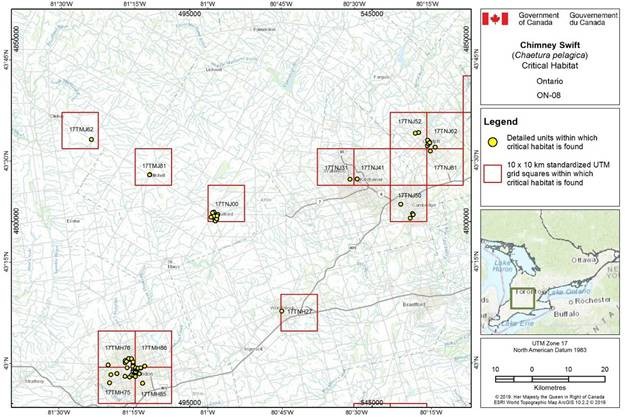 Figure D-2.8: Critical habitat for the Chimney Swift in Ontario