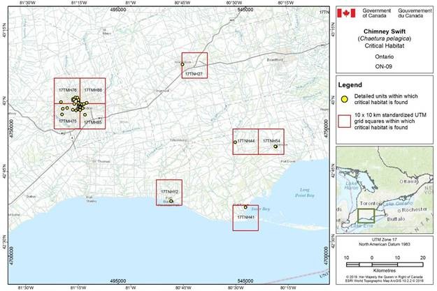 Figure D-2.9: Critical habitat for the Chimney Swift in Ontario