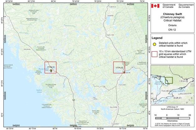Figure D-2.12: Critical habitat for the Chimney Swift in Ontario